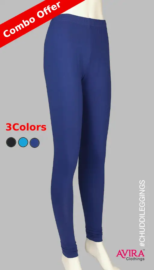Photo 2 of 3 - 3 Colors Black+Torcoise Blue+Royal Blue Combo - Chudidhar Leggings | Avira Clothings