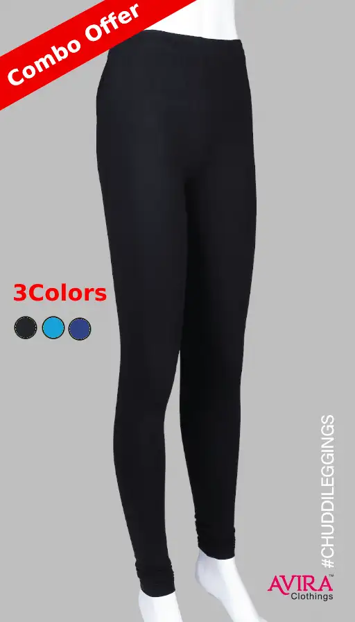 Photo 1 of 3 - 3 Colors Black+Torcoise Blue+Royal Blue Combo - Chudidhar Leggings | Avira Clothings