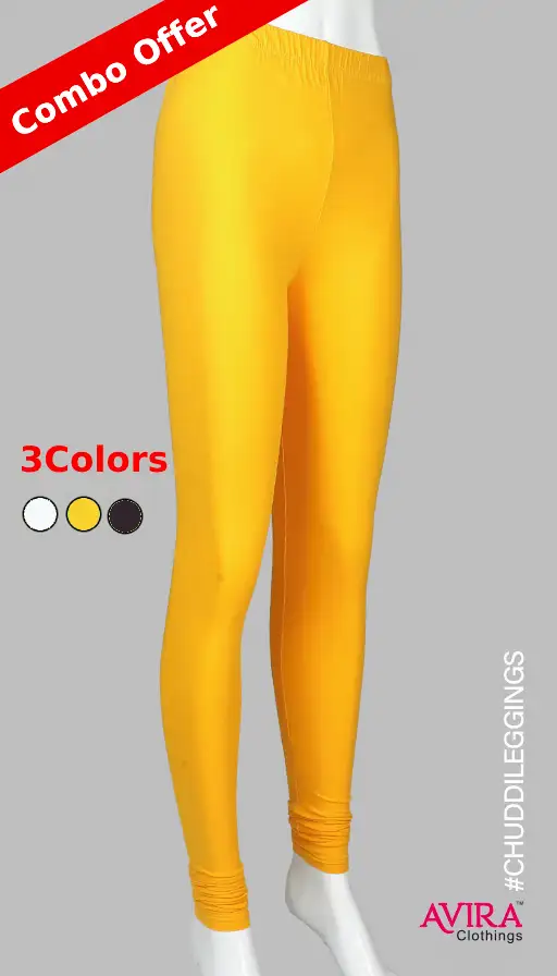 Photo 2 of 3 - 3 Colors White+Golden Yellow+Coffee Brown - Chudidhar Leggings COMBO OFFER | Avira Clothings